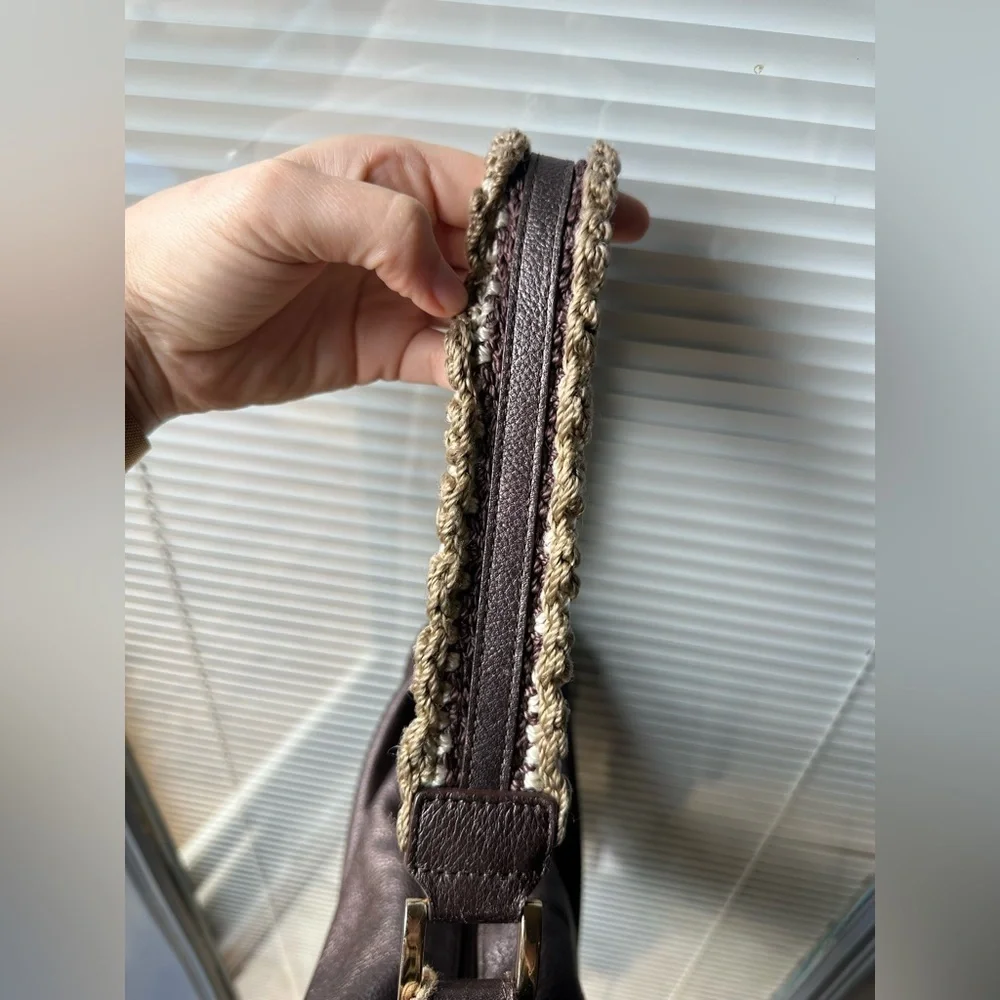 The Sak Metallic Bronze Brown Leather Small Crochet Shoulder Bag Y2K Boho